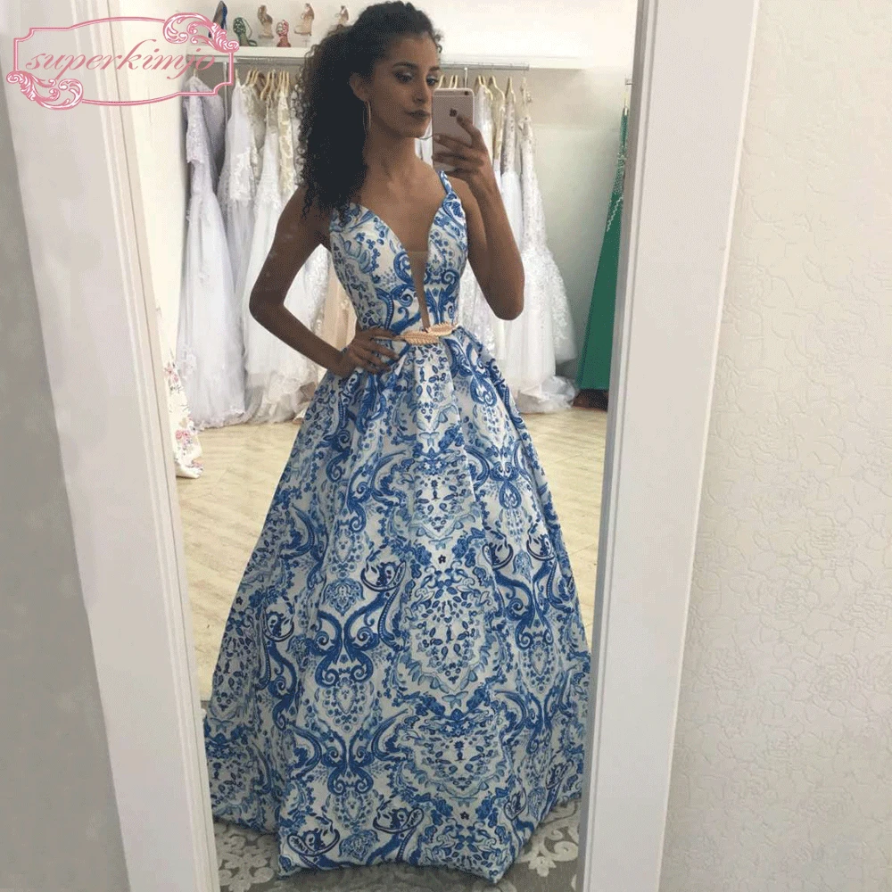 

SuperKimJo Printed Prom Dresses 2018 Backless Vestido De Festa Deep V Neck Satin A Line Sexy Prom Gown Gala Jurken