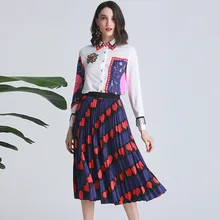 France style women's set long sleeves floral print Shirts+pleated skirts 2piece set 2019 S/S runways skirts suit A287