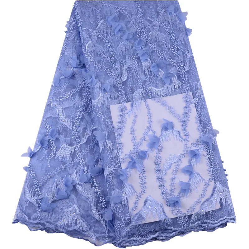 Newest sky blue 3 D Flowers Beads French Lace Fabric For Wedding Dress Africa embroidery Tulle Swiss A1446 | Дом и сад