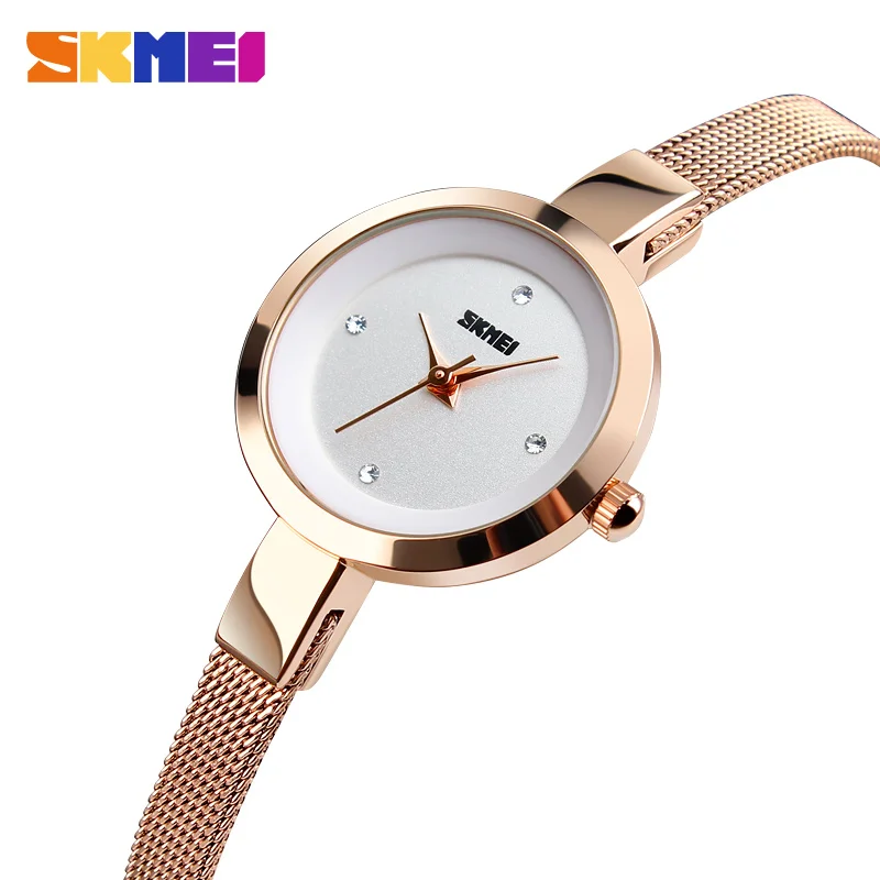 SKMEI, кварцевые часы с браслетом, женские часы из нержавеющей стали, модные простые наручные часы, Relogio Montre Femme 1390 - Цвет: rose gold