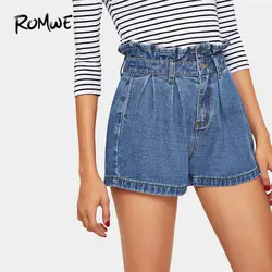 ROMWE Ruffle Waist с косыми карманами джинсовые шорты 2019 синие базовые Молодежные летние женские Шорты повседневные летние женские шорты с высокой