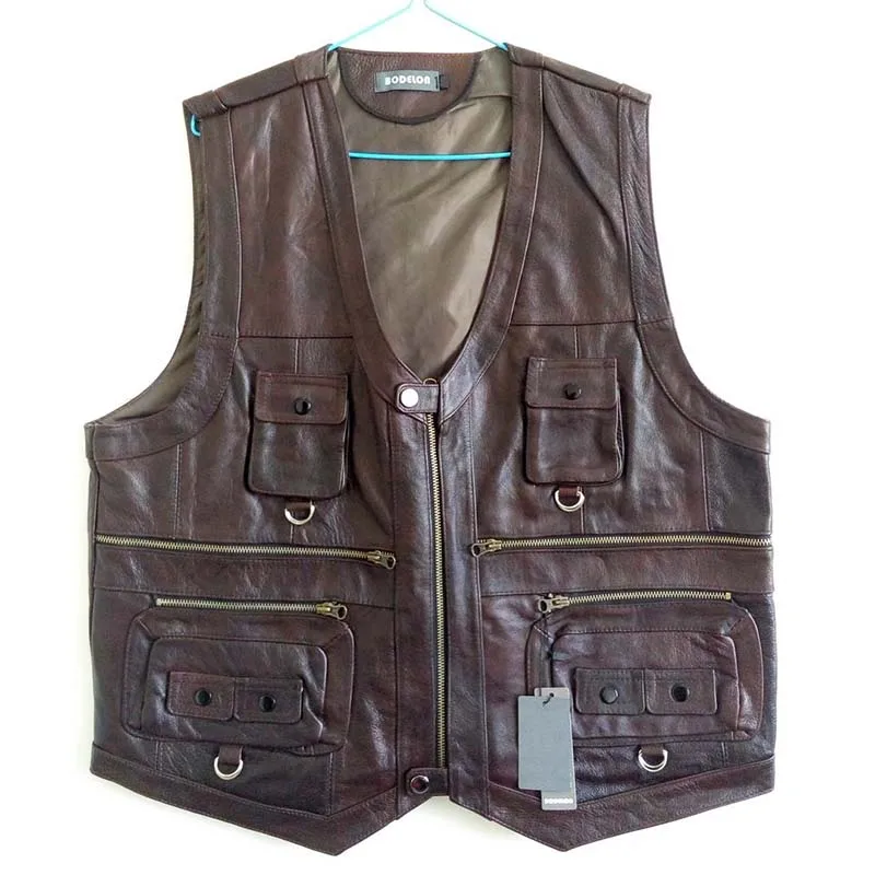 Sleeveless Genuine Leather Jacket Men Casual Vest With Many Pockets Brown Black Waistcoat Outdoor Windproof Motorcycle Vest 6XL Sleeveless Genuine Leather Jacket Men Casual Vest With Many Pockets Brown Black Waistcoat Outdoor Windproof Motorcycle Vest 6XL