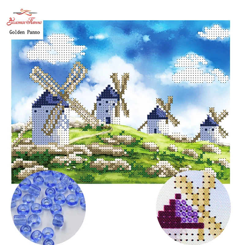 

Golden Panno,Needlework,DIY,beads,Cross stitch,Embroidery stitch,Precise Printed painting,scenic Pattern, windmill 0414