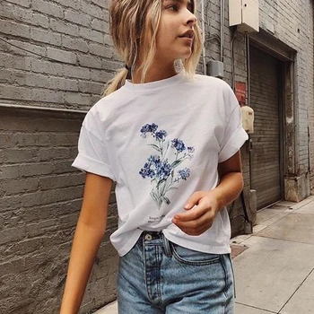

ZSIIBO Female T-Shirt Girls Costume Fashion Forget Me Not Floral Wildflower Botanical Summer Short Sleeve Ladies Clothes CX6L212