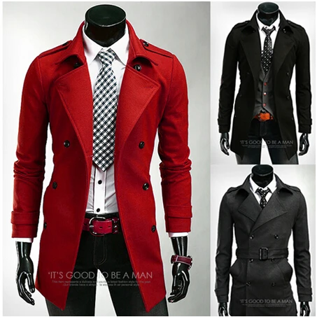 Spring 2015 Mens Coats Red Black Long Trench Coat Men With