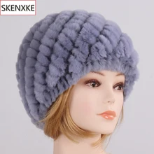 Женский Зимний натуральный настоящий мех кролика шапка для девочки шапка из меха кролика Рекс Женские теплые мягкие вязаные натуральные меховые шапочки бини