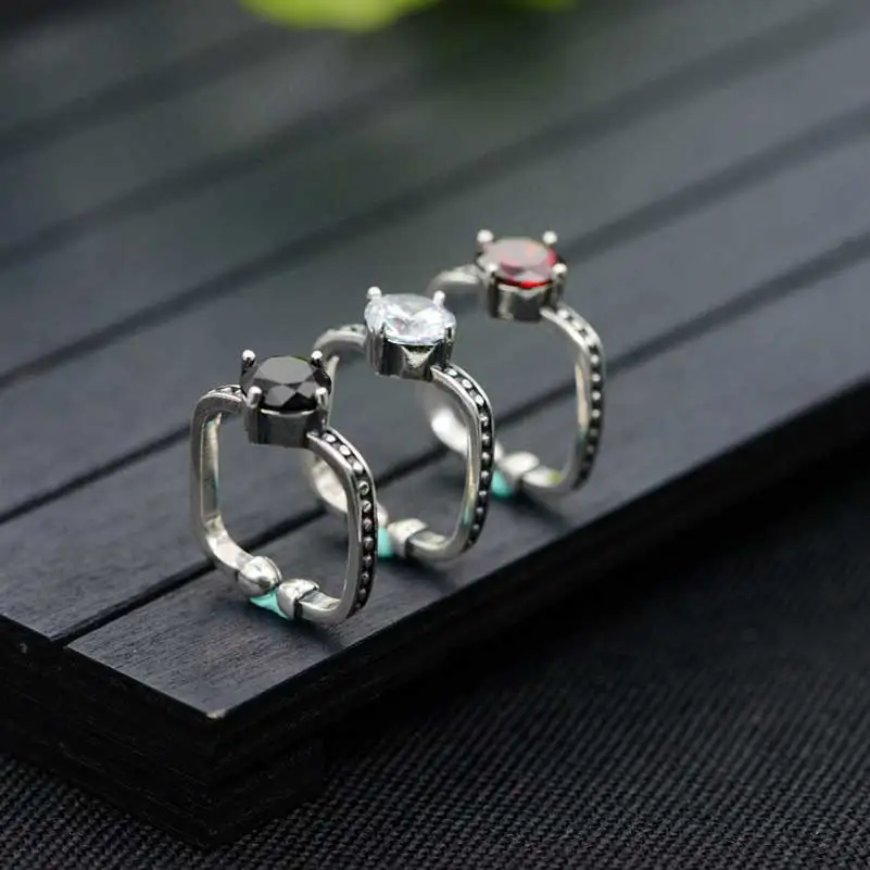 FNJ 925 Серебряное кольцо Новая мода красные, черные кубический циркон реального S925 Стерлинг тайский Серебряные кольца для Для женщин ювелирные изделия Регулируемая Размеры
