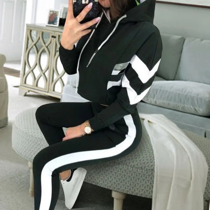 

Taotrees Striped Patchwork Cotton Tracksuit Women Casual Hoodies Crop Top Sweatshirt+Side Stripe Pants Two Piece Set Sportwear