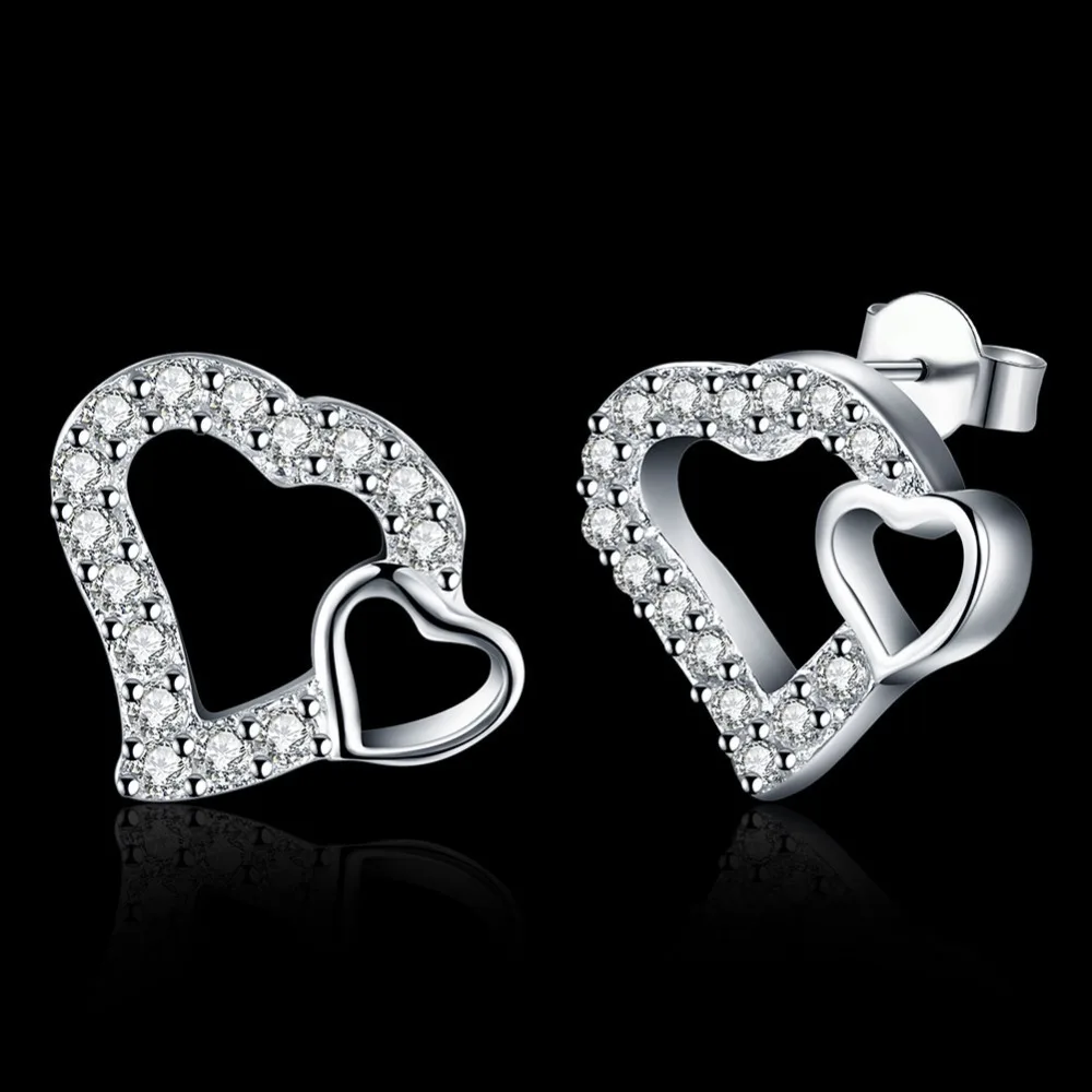 Luxury Ear Stud Earrings Women Crystal Heart With Cubic Zircon Charm Gift Silver Plated Bridal Jewelry | Украшения и аксессуары