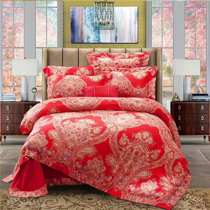 

2017 100% Egyptian cotton red Duvet Cover Bed Sheet Set Gold printing design wedding Bedding Set