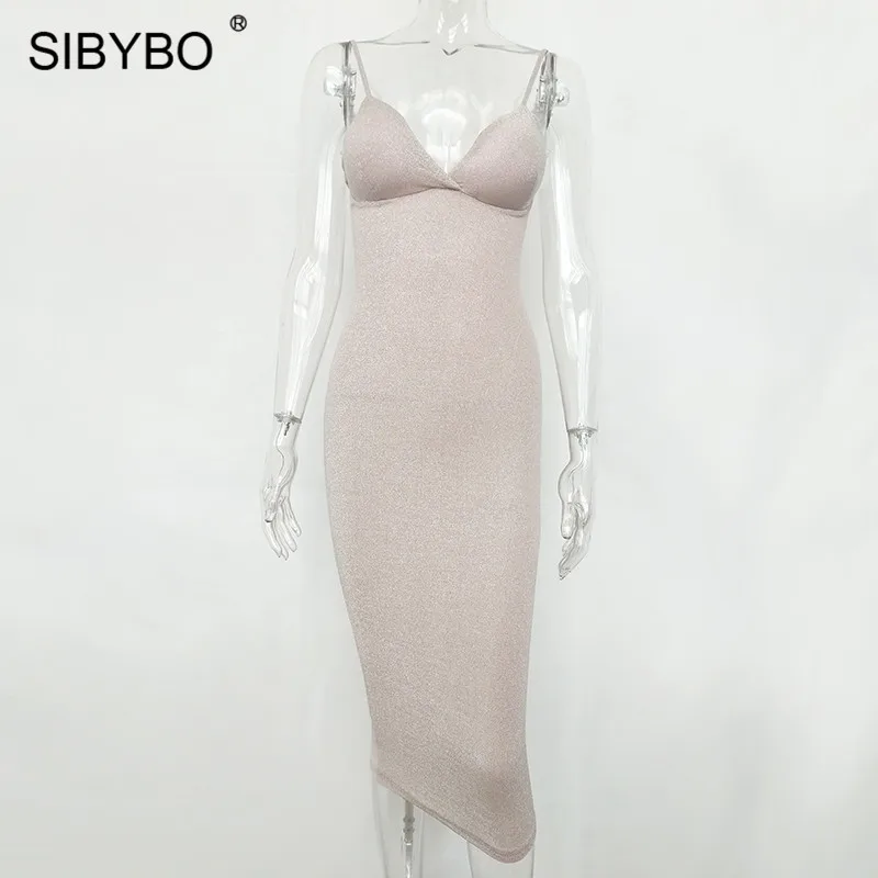 Sibybo V-Neck Spaghetti Strap Sexy Summer Women Dress Sleeveless Backless Sheath Party Dress Women Beach Casual Ladies Dresses