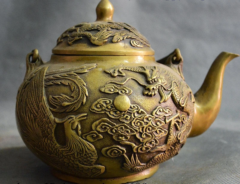

Old China Dyansty Palace Bronze Dragon Phoenix Emboss Wine Tea Pot Flagon Statue