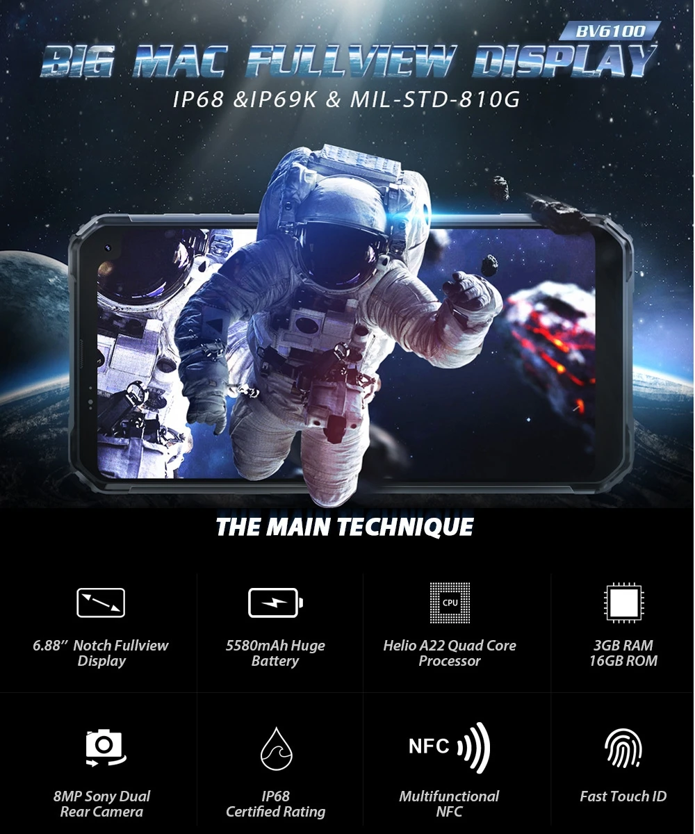 Blackview BV6100 IP68 водонепроницаемый смартфон 3 ГБ+ 16 Гб 6," Noth 18:9 MT6761 четырехъядерный 2,0 ГГц 16,0 Мп Android 9,0 NFC 5580 мАч OTG