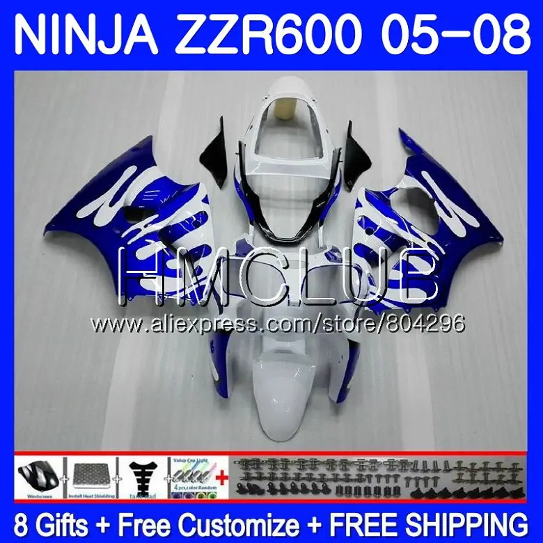 

Bodywork For KAWASAKI NINJA 600CC ZZR600 05 06 07 08 34HM.9 Blue flames ZX600CC ZZR-600 ZZR 600 2005 2006 2007 2008 Fairings