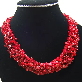 

Free Shipping Women Fashion Jewelry 4x8mm Natural Red Sea Coral Chip Beads Nylon Line Weave Necklace 18" 1Pcs E0181