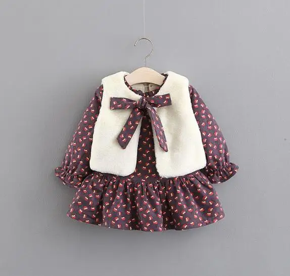 Winter Baby Dress Long Sleeve Clothes For Newborn Girls Infant Dress Print Dress With Fleece Vest 2pcs Toddler Baby Girl Dresses