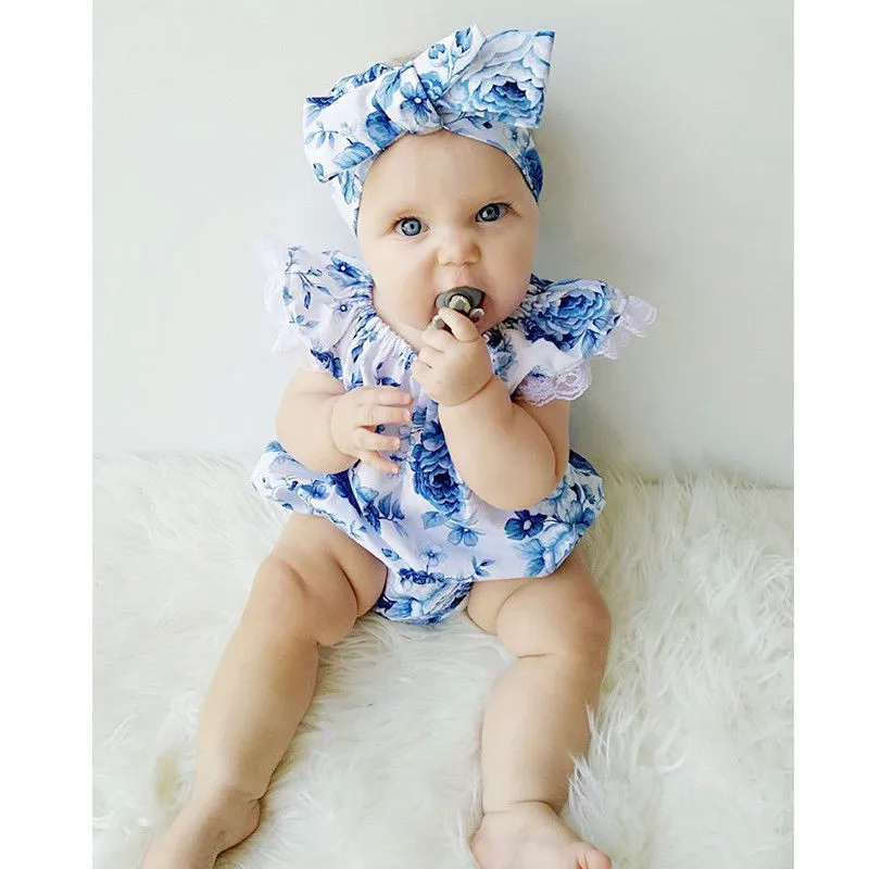 

Infant Newborn Baby Kleding Toddler Bluelover Floral Print Romper Lace Sleevel Headband Jumpsuit Baby Girls Clothes