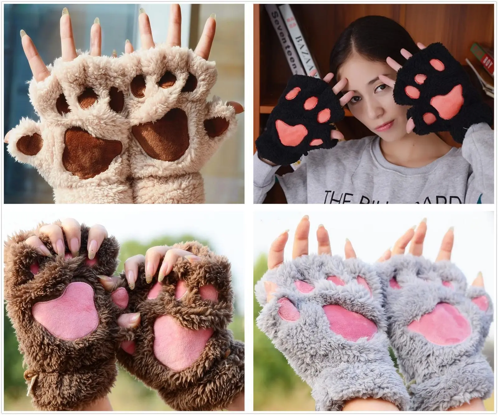 Теплые осенне-зимние модные женские перчатки с кошачьими лапами, без пальцев, пушистые плюшевые перчатки с кошачьими лапами, милые забавные перчатки