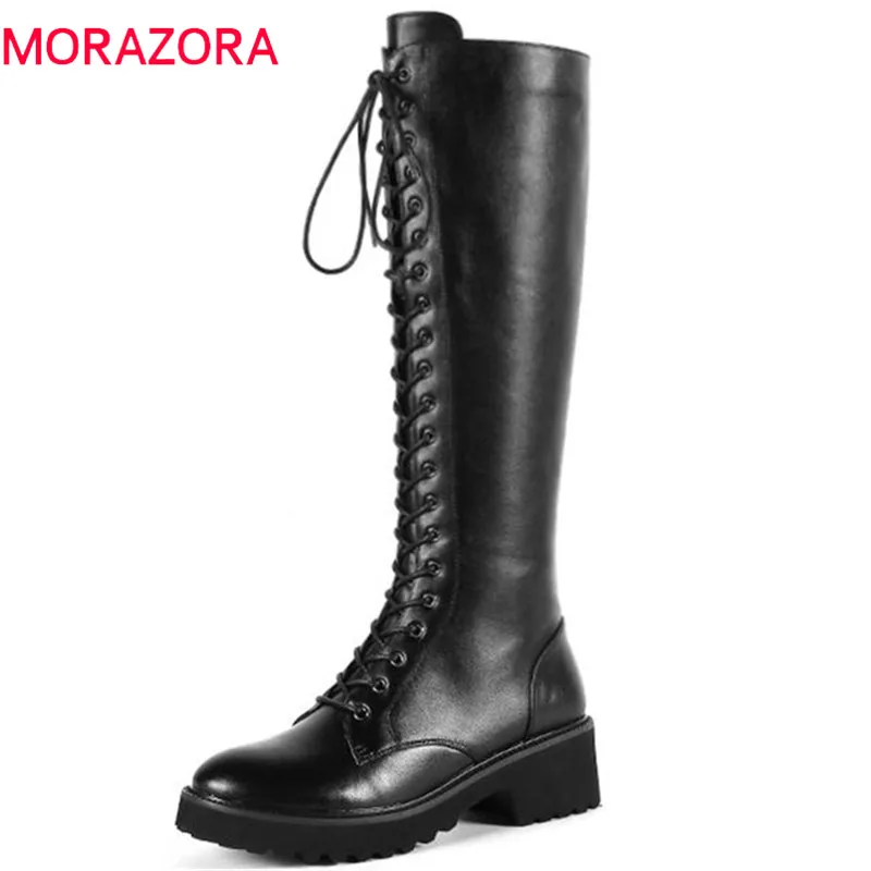 MORAZORA 2018 genuine leather boots for women round toe zipper lace up autumn winter boots comfortable knee high boots female MORAZORA 2018 genuine leather boots for women round toe zipper lace up autumn winter boots comfortable knee high boots female
