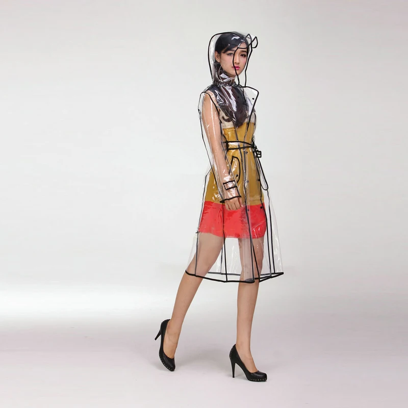 transparent ladies long raincoat women female belt rain coat Outdoor waterproof travel rain coat Fashion show (12)