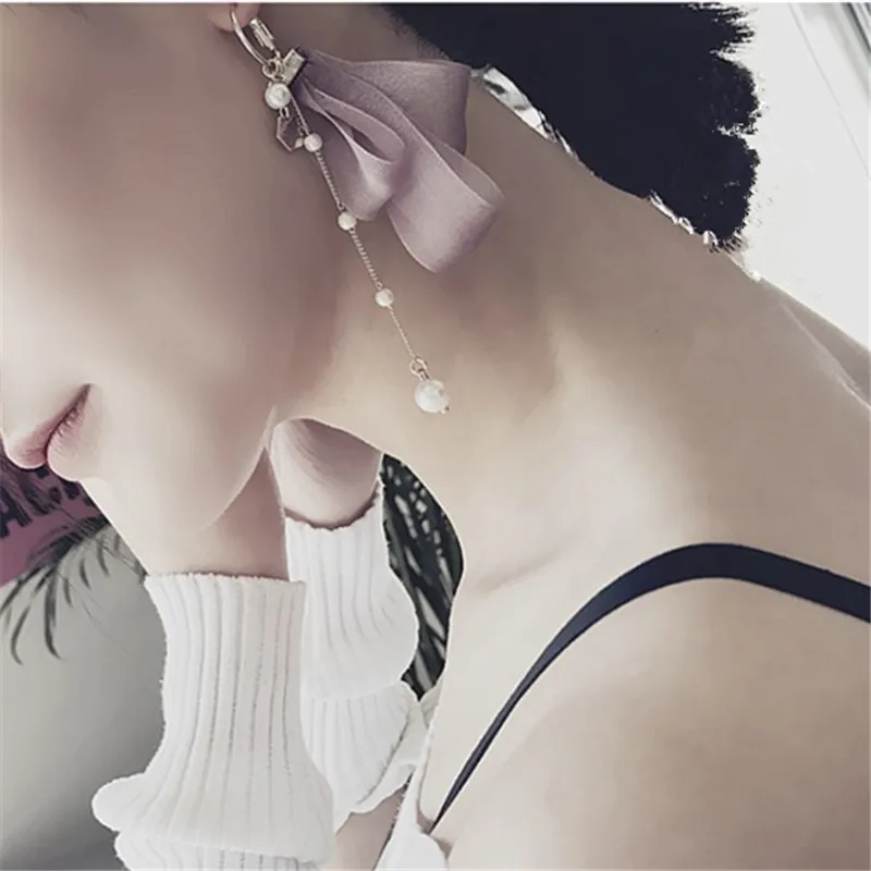 

Ajojewel Korean Style Blue Pink Lace Earrings Women Simulated Pearl Asymmetric Earrings 2018 Gift For Girls