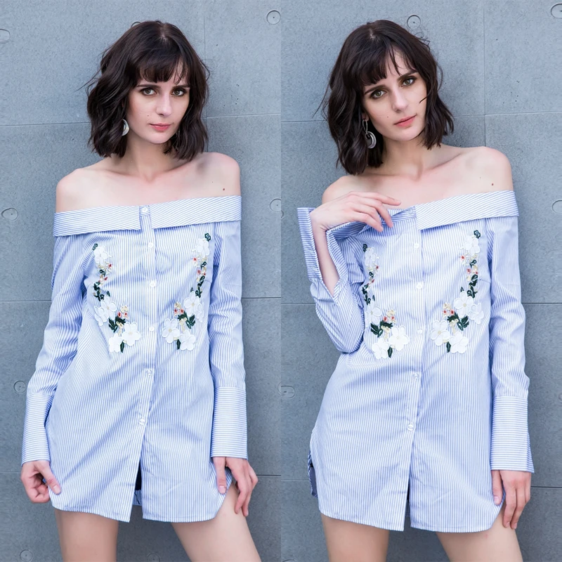 Plus Size Autumn Women Blouse and Shirts Full Sleeve Button Embroidery Loose Long Top Shirts Sexy Off Shoulder Slash Neck Blouse