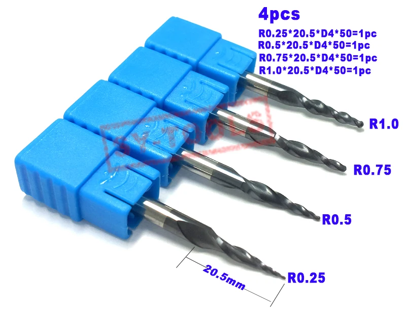 

4PCS Assorted R0.25&0.5&0.75&1.0mm HRC55 Tungsten solid carbide Tapered Ball Nose End Mills and cone cutter