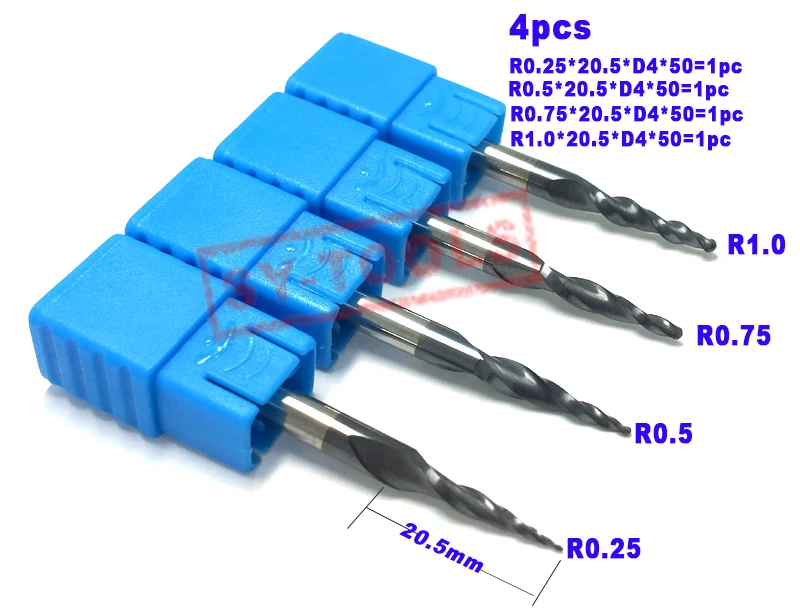 4 шт. Ассорти R0.25& 0,5& 0,75& 1,0 мм HRC55 Вольфрам твердосплавные конические концевые фрезы и конический резак