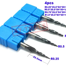 4 шт. Ассорти R0.25& 0,5& 0,75& 1,0 мм HRC55 Вольфрам твердосплавные конические концевые фрезы и конический резак