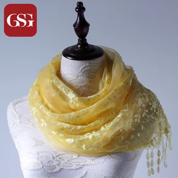 

GSG New Fashion Soft Silk Scarf Wrap for Women 2017 Spring Autumn Floral Scarves with Flowers Sequins Yellow Female Collection