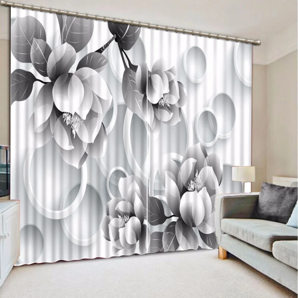 New Custom 3D Beautiful Blackout Curtain Black And White Wreath Curtain