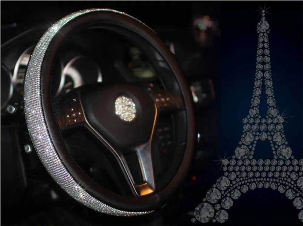 Skidproof Auto Car Steering Wheel Cover PU Leather wiht Bling Rhinestone 38cm