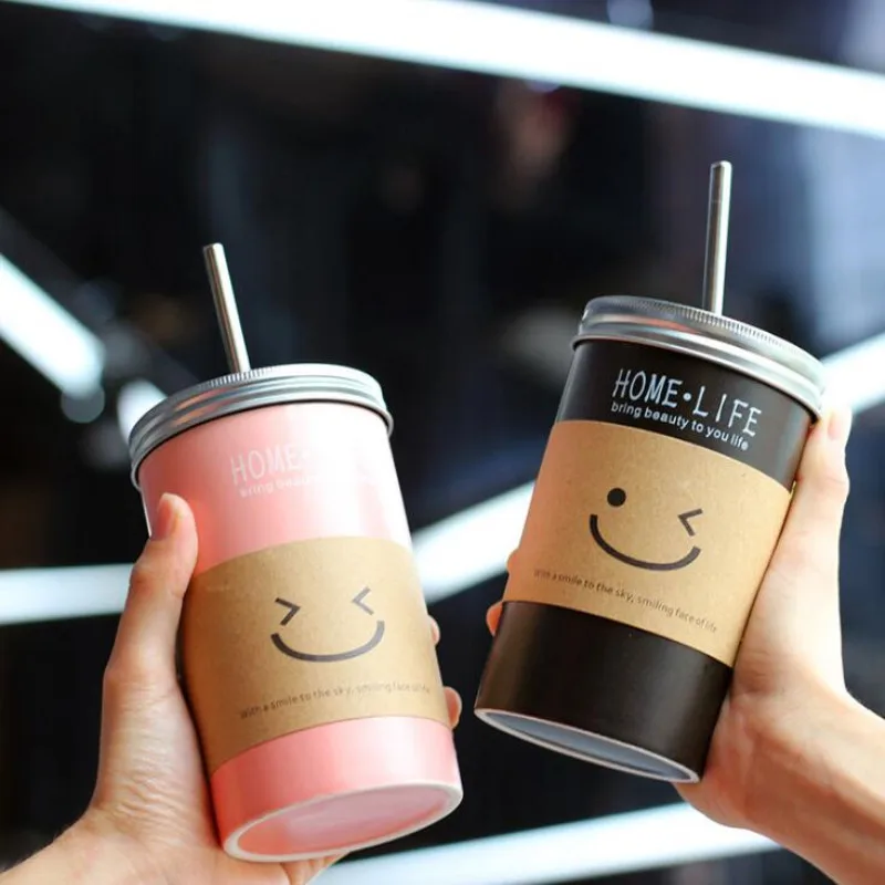 

480ML Creative Smiley Face Covered With Straws Cups Simple Fresh Ceramic Mug Coffee Drink Mug