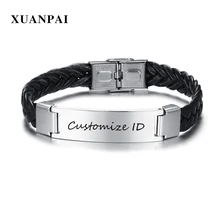 XUANPAI гравировка/запись 12 мм мужской ID браслет из нержавеющей стали манжета плетеный кожаный Pulseira Masculina 8,4"