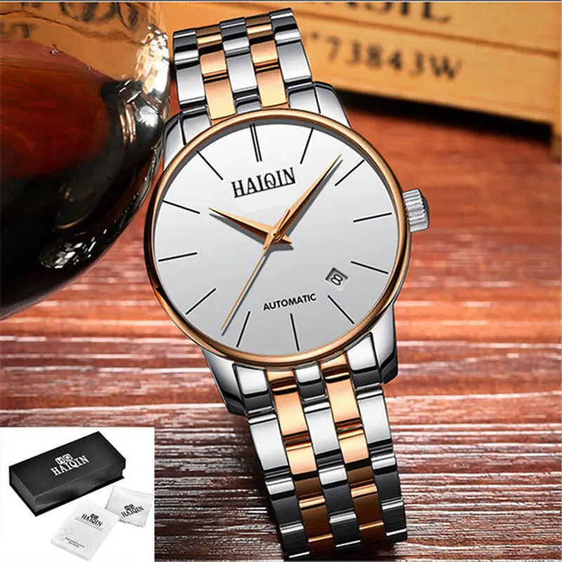 HAIQIN мужские s часы лучший бренд класса люкс мужские s автоматические механические часы классические деловые кожаные часы водонепроницаемые мужские часы - Цвет: Gold White S