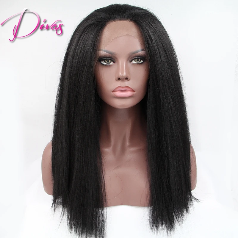 High Yaki straight synthetic wigs natural black Glueless lace front heat resistant sythetic wigs