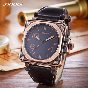 

2019 SINOBI Mens Sports Bronze Wristwatches Luxury Brand Waterproof Leather Watchband Male Retro Quartz Watches Relojes Hombre