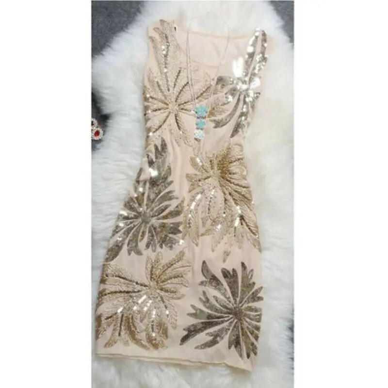 

Women Elegant Sequins Embroidered Mini Dress New High Quality Sleveless Summer Pencil Dresses Evening Party Short Formal Vestido
