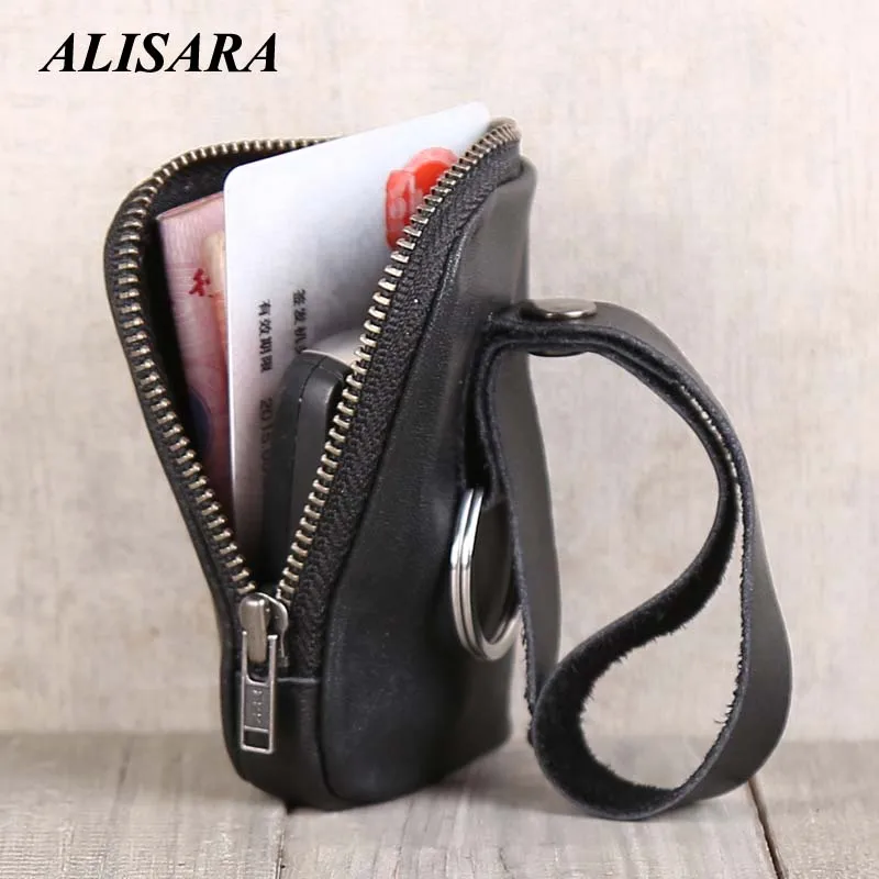 

Alisara Key Wallets Genuine Leather Men Car Key Bag Zipper Wallet Mini Coin Pouch Women Housekeeper Holder Small Coin Purses