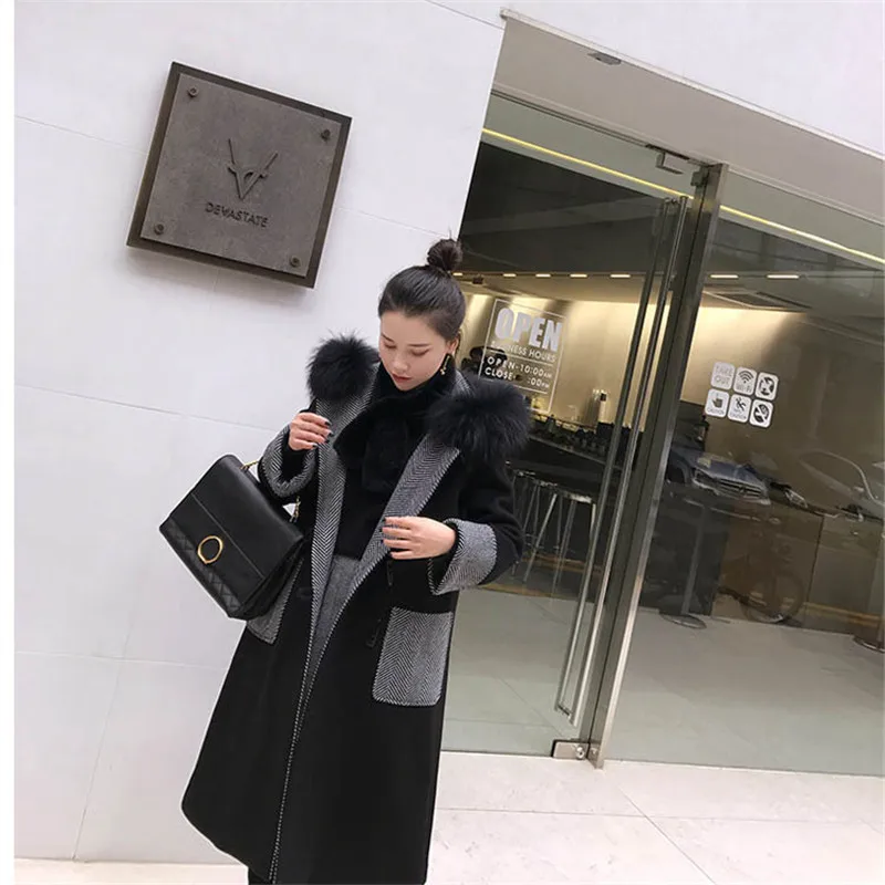 4xl 5xl размера плюс новое поступление корейский стиль женское лоскутное черное шерстяное пальто меховой воротник женские пальто зима