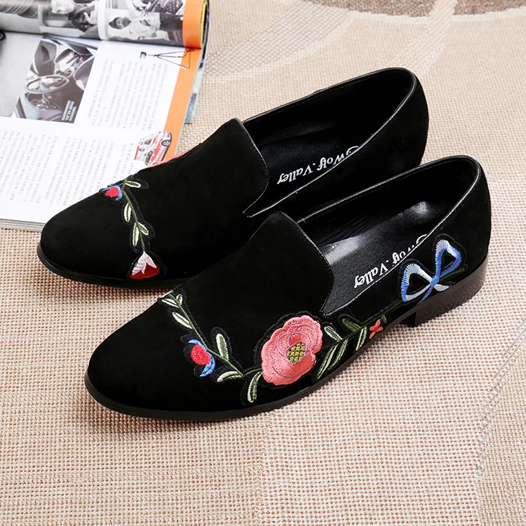 Zapatilla hombre/Элегантные Лоферы без шнуровки с цветочным рисунком, черные мужские деловые туфли из натуральной кожи, бархатные Тапочки с вышивкой, мужская обувь