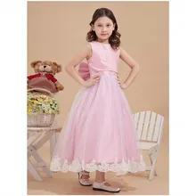 Free shipping Pink Pretty Flower Girls’ Dresses A Line Capped Tea Length Sleeveless Bow Zipper Flower Girls’ Gowns