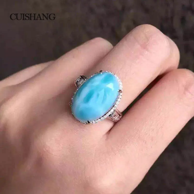 CSJ Larimar anelli in vero argento Sterling 925 naturale blu caraibi Larimar fedi nuziali per donna donna regalo per ragazze