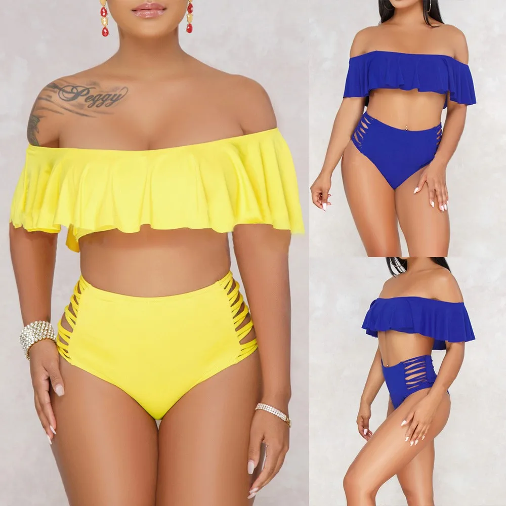 

bikini 2019 Sexy Women Bikini Set Ruffle Solid Off-Shoulder Swimmer Push Up Swimsuit swimsuit push up sexy bikini set #30