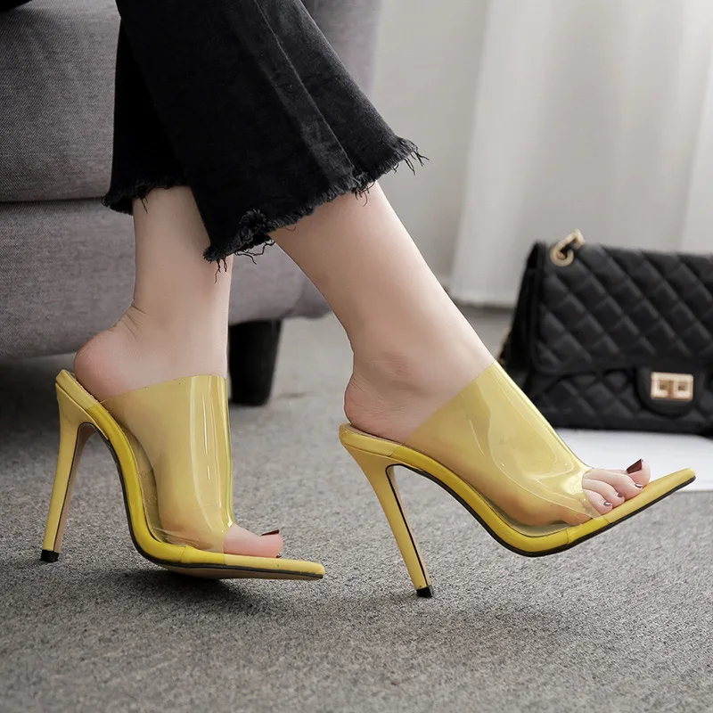 

European American Candy Color Pointed Toe Slippers Summer Women Transparent PVC High Heels Shoes Woman Crystal Sandals WS1793