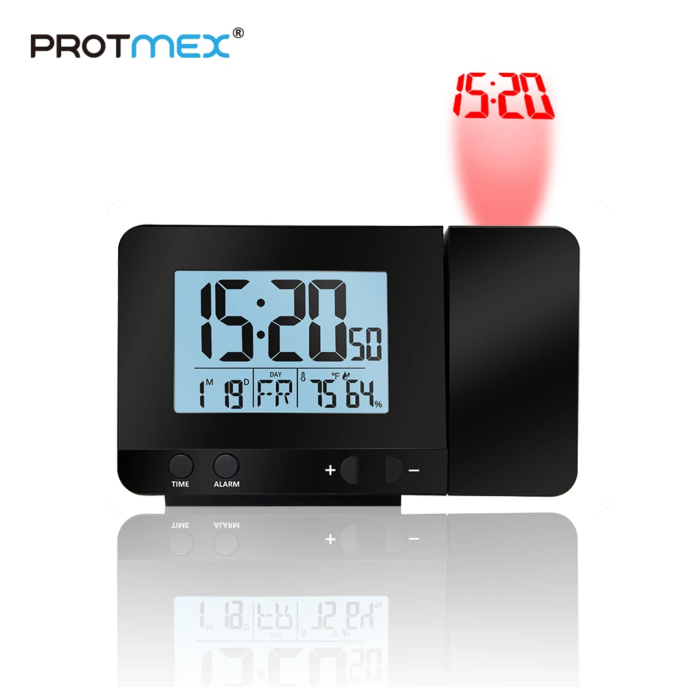 PROTMEX Radio contraolled Projection Alarm Clock Weather Station with Temperature Humidity LCD Display secret agent alarm clock projection gun