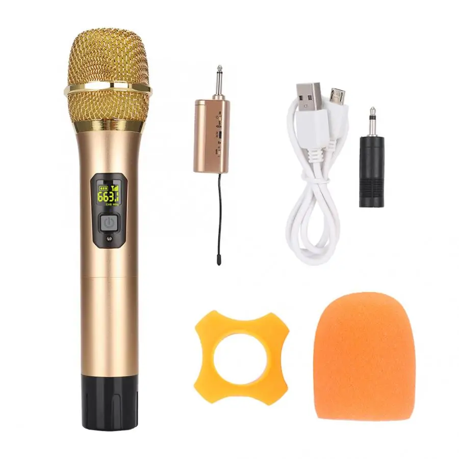 600mhz-700mhz UHF Handheld Wireless Microphone with Mini Bluetooth Receiver Gold Performing Microphone