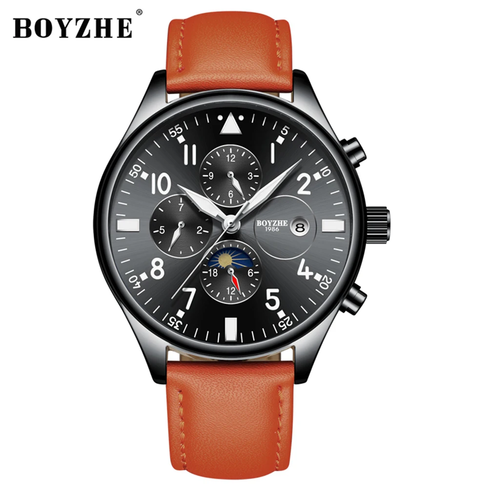 

BOYZHE Men Top Brand Automatic Mechanical Watch Fashion Casual Leather Moon Phase Luminous Sport Mens Watches Relogio Masculino