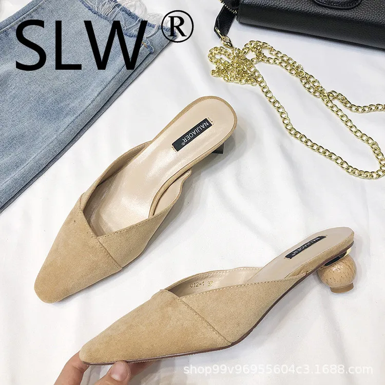 

elegant flock strange style pointed toe mules shoes european style fashion low heel slides ladies cozy velvet roman slippers