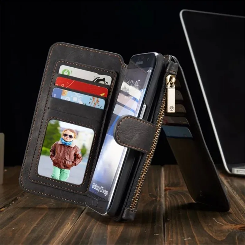 S7 край 14 со слотами для карт кожаный бумажник на молнии чехол для samsung Galaxy S7 край натуральные кожаные чехлы для телефонов
